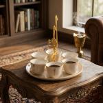 6 Arabic Coffee Cups With Stand And Handle From Liqaa - Beige + Gold MS Department Store Oman