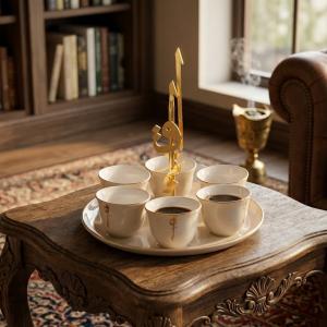 6 Arabic Coffee Cups With Stand And Handle From Liqaa - Beige + Gold MS Department Store Oman