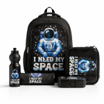 SCHOOL BAG TROLLEY 18" WITH LUNCH BAG, PENCIL CASE, DINNER SET & WATER BOTTLE BLACK WITH SPACE SUIT DESIGN