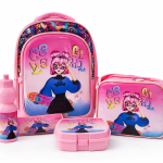 SCHOOL BAG TROLLEY 18" WITH LUNCH BAG, PENCIL CASE, DINNER SET & WATER BOTTLE  PINK WITH BARBIE GIRL DESIGN