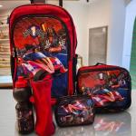 SCHOOL BAG TROLLEY 18" WITH LUNCH BAG, PENCIL CASE, DINNER SET & WATER BOTTLE WITH RACING CAR DESIGN
