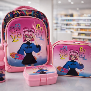SCHOOL BAG TROLLEY 18" WITH LUNCH BAG, PENCIL CASE, DINNER SET & WATER BOTTLE  PINK WITH BARBIE GIRL DESIGN